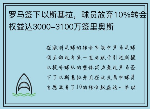 罗马签下以斯基拉，球员放弃10%转会权益达3000-3100万签里奥斯